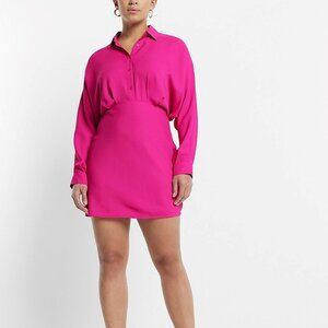 Collared Half Button Up Mini Portofino Shirt Dress in Neon Berry